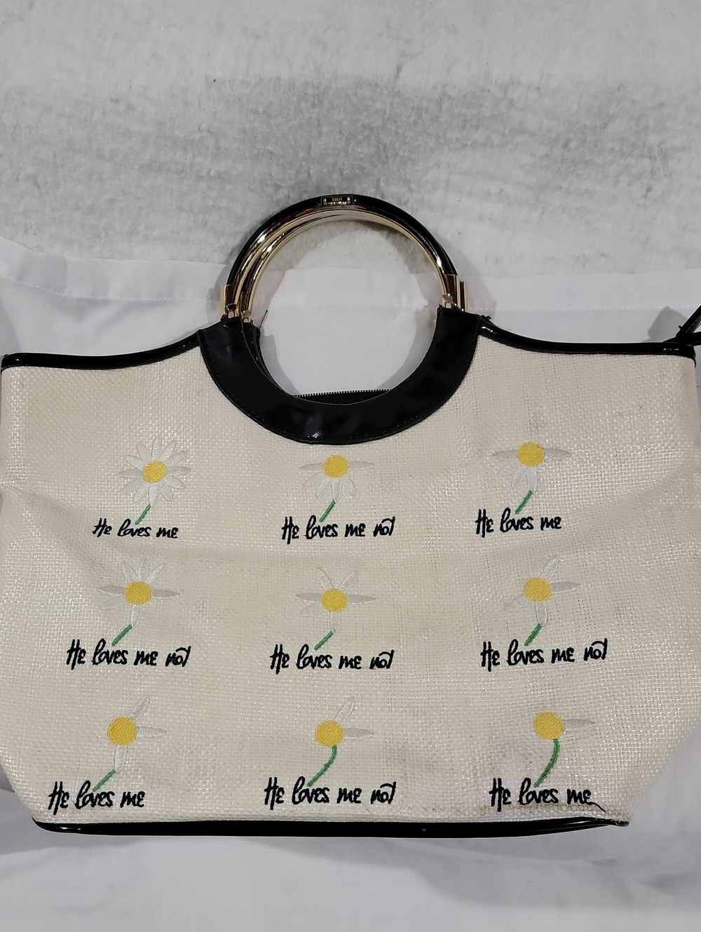 Lulu Guinness Cream Daisy 'He Loves Me' Tote with Gold Round Handles Y2K